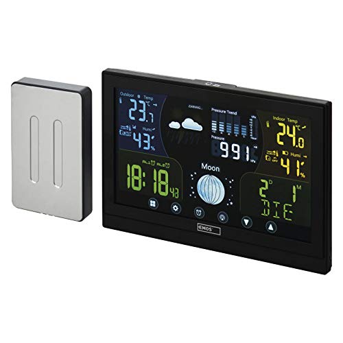 EMOS - Funk-Wetterstation mit Außensensor - Touchscreen-Farbdisplay, Thermometer, Hygrometer, Barometer, Wettervorhersage - DCF Funkuhr - 13 Funktionen - inkl. Netzteil, Wand-/Tischhalterung von EMOS