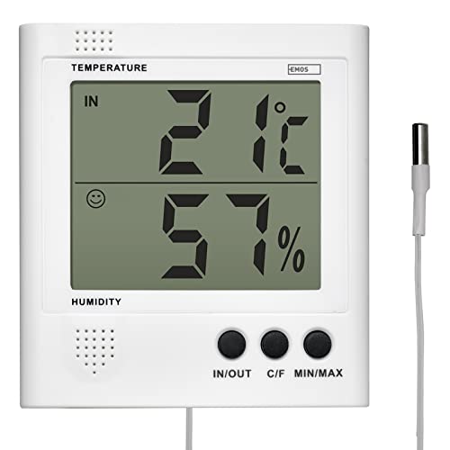 EMOS E8471 Digitales Thermometer und Hygrometer, Aussenthermometer/Innenthermometer mit 2m Kabelsensor, batteriebetrieben, Kunststoff, Weiß von EMOS