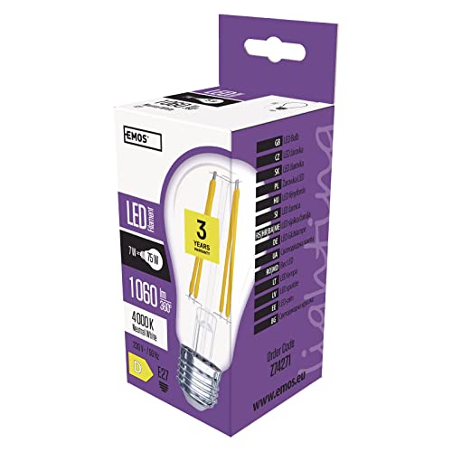 EMOS Filament LED Lampe A60, 7W Ersatz für 75W, Edison LED-Birne mit E27 Sockel und Helligkeit 1060lm, Neutralweiß 4000 K, 25000 St. Lebensdauer, CRI>80, 320° Abstrahlwinkel EMOS Filament LED Lampe A60, 7W Ersatz für 75W, Edison LED-Birne mit E27 Sockel und Helligkeit 1060lm, Neutralweiß 4000 K, 25000 St. Lebensdauer, CRI>80, 320° Abstrahlwinkel von EMOS