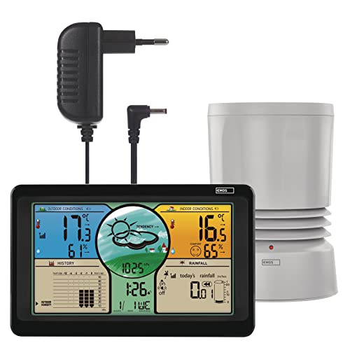 EMOS Funk Wetterstation mit Farbdisplay, Außensensor im Niederschlagsmesser, Temperatur °C/°F, Luftfeuchtigkeit, Wettervorhersage, Max/Min-Messwerte, Funkuhr 12/24h, Kalender von EMOS