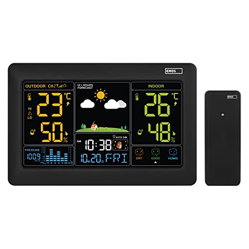 EMOS Funk Wetterstation mit Farbdisplay und Außensensor, Thermometer, Hygrometer, Barometer, Wettervorhersage, Datum- und Uhranzeige, Wecker, Smiley-Indikator, inkl. Netzteil von EMOS