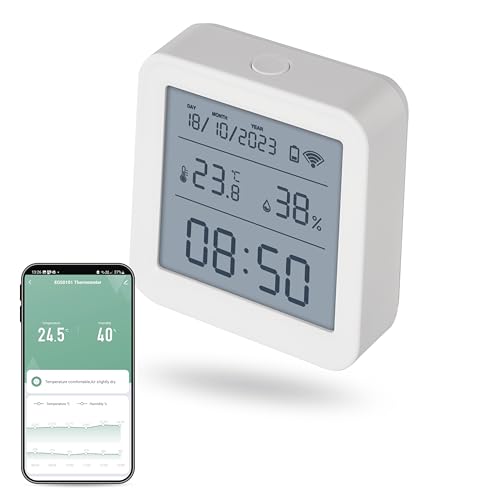 EMOS GoSmart - Smart Home Thermometer mit App - Zigbee - Innentemperaturbereich -10°C bis +60°C - LED-Display - WiFi Uhr - °C/°F umschaltbar - Inkl. Batterie - Google Home, Alexa kompatibel - weiß von EMOS
