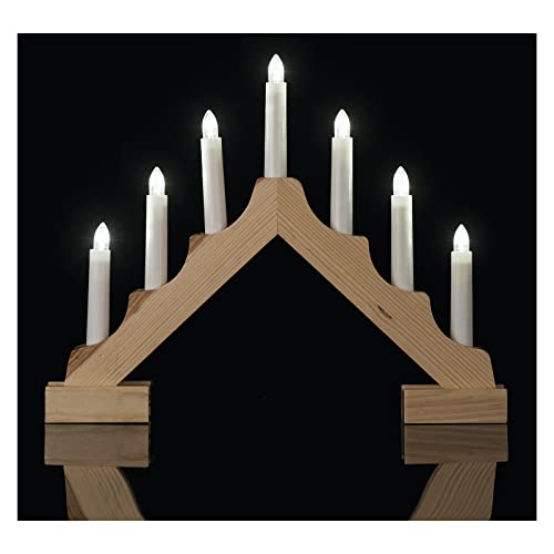EMOS Holz LED-Kerzenständer in Naturfarbe, klassischer Kerzenhalter mit 7 LED-Leuchten, Batteriebetrieben 2x AA, Innenbereich IP20, 6/18h Timer-Funktion, 35x29 cm, Naturholz von EMOS