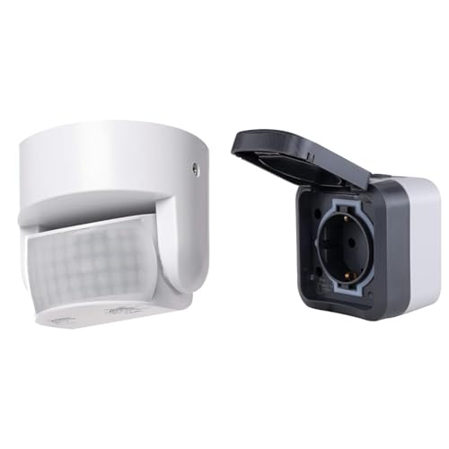 EMOS Infrarot-Bewegungsmelder IP65 für Innen und Außen & REV - AquaStorm, Steckdose 1-Fach, Feuchtraum, IP55 zweipolig, Aufputz, 230V, 16A, anthrazit von EMOS