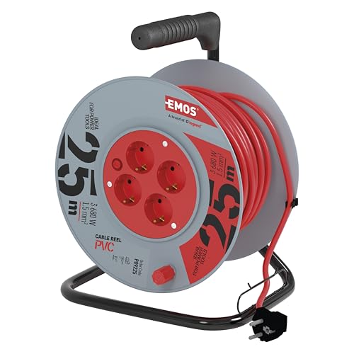 EMOS P09225 Kabeltrommel 25m-4 Schuko-Steckdosen-230 V, 16 A, hochwertige PVC-Isolierung-H05VV-F3G 1,5 mm2-Überhitzungsschutz-IP20 für Innen, 3680 W, 230 V, Grau-rot, 25 Meter von EMOS