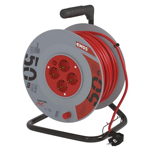 EMOS - Kabeltrommel 50m - 4 Schuko-Steckdosen - 230 V, 16 A, 3680 W - hochwertige PVC-Isolierung - H05VV-F3G 1,5 mm2 - Überhitzungsschutz - IP20 für Innen von EMOS