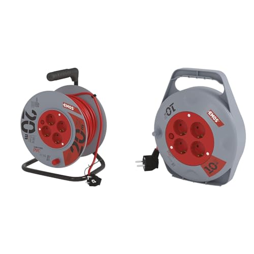 EMOS Kabeltrommel Schuko, 20m Kabel mit 1mm Querschnitt & P19510 Mini-Kabeltrommel 10m / 4-Fach Kabelbox/Kabelrolle von EMOS