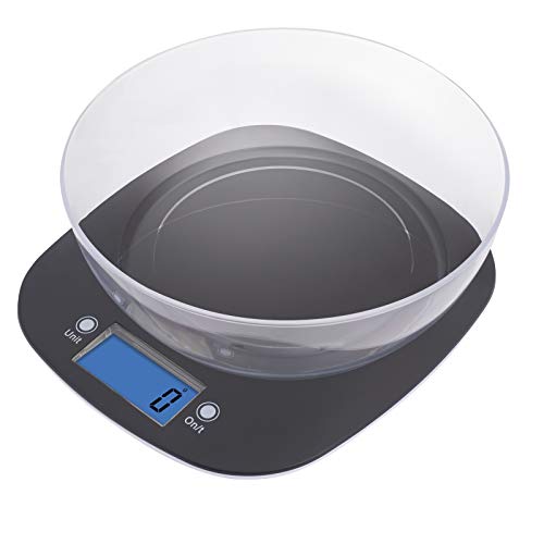 EMOS EV025 Küchenwaage mit Schüssel/Digitalwaage mit beleuchtetem LCDDisplay/Tara-Funktion/Nahrungsmittelskala/ElektronischeWaage/Präzisionbiszu1g/Tragkraft5kg,Schwarz,22,3x19,8x2cm von EMOS