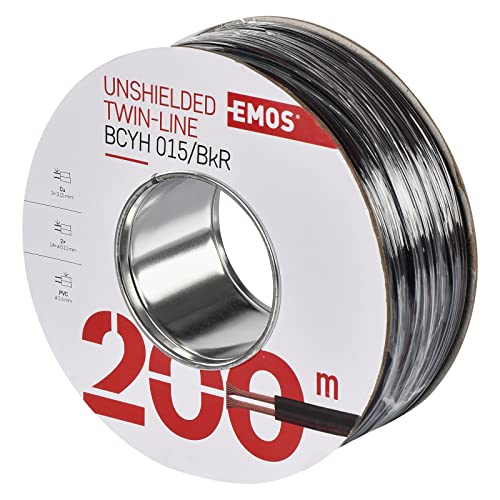 EMOS Kupferkabel 2 x 0,15 mm2, 200 Meter Zweidrahtleitung aus reinem Kupfer für Niederspannung, schwarz mit roter Polaritätskennzeichnung von EMOS