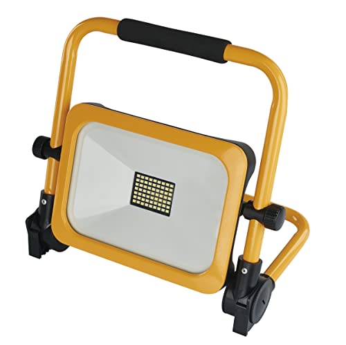 EMOS LED Akku-Strahler 30 W, wasserdichter tragbarer Baustrahler mit Standfuß und Handgriff, 3 Lichtmodi mit Helligkeit max. 3000 lm, 6500 K, aufladbar 10000 mAh, Schutzklasse IP54 von EMOS