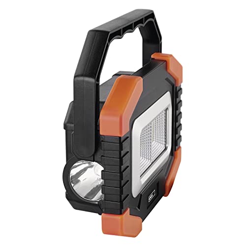 EMOS LED-Arbeitsleuchte, kleiner tragbarer Arbeitsstrahler, Helligkeit 350 lm, 110 m Leuchtweite, 2 Lichtmodi, batteriebetrieben mit bis zu 20 Stunden Leuchtdauer, drehbarer Handgriff von EMOS