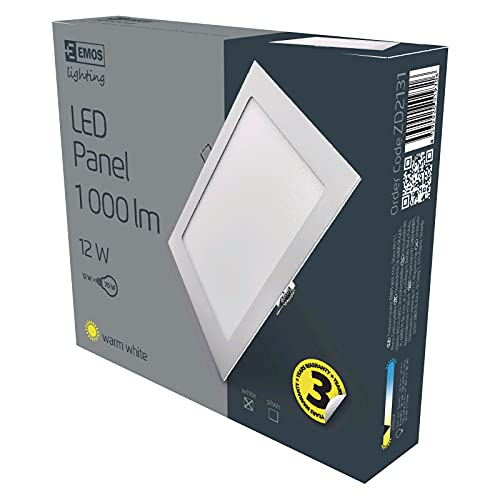 EMOS LED Einbauleuchte 12W mit Driver, ultraflacher quadratischer Einbaustrahler / LED-Panel, Abmessungen 170x170x21 mm, Ersatz für 70W Glühbirne, Lichtfarbe warmweiß 3000 K, Helligkeit 1000 lm von EMOS