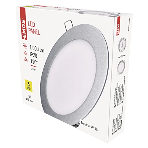 EMOS LED Einbauleuchte 12W rund, extra flaches LED Panel / Einbaustrahler mit Driver, Ø 175 mm, Einbautiefe 21mm, Ersatz für 70W Glühbirne, Lichtfarbe neutralweiß 4000K, Helligkeit 1000 lm, Silver von EMOS