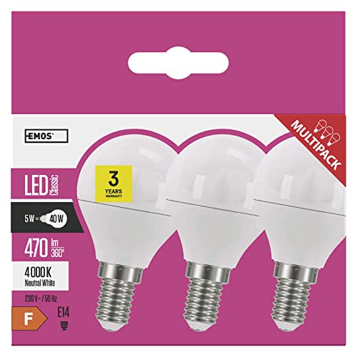 EMOS LED Lampe 5W, ersetzt 40W Glühbirne, E14-Sockel, 470lm, Neutralweiß – 4000K, Mini Globe G45, 30000 Stunden Lebensdauer, 3er Pack von EMOS