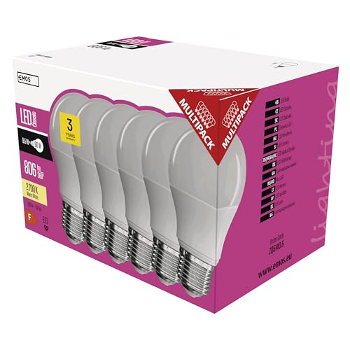 EMOS ZQ5140.6 LED Lampe 6er, 8,5W ersetzt 60 W Glühbirne, A60, E27 Sockel, Lichtleistung 806 Lumen, Warmweiß – 2700 Kelvin, 30000 Stunden Lebensdauer, 8.5 W, 6 Stück (1er Pack) EMOS ZQ5140.6 LED Lampe 6er, 8,5W ersetzt 60 W Glühbirne, A60, E27 Sockel, Lichtleistung 806 Lumen, Warmweiß – 2700 Kelvin, 30000 Stunden Lebensdauer, 8.5 W, 6 Stück (1er Pack) von EMOS