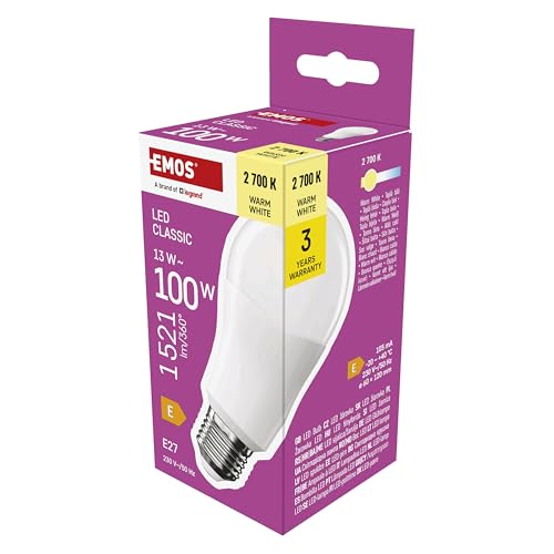 EMOS LED Lampe A60-Birne, 13W Ersatz für 100W Glühbirne, klassische Birne mit E27 Sockel, Helligkeit 1521 lm, Warmweiß 2700 K, 30000 h Lebensdauer, CRI min. 80, 180° Abstrahlwinkel von EMOS