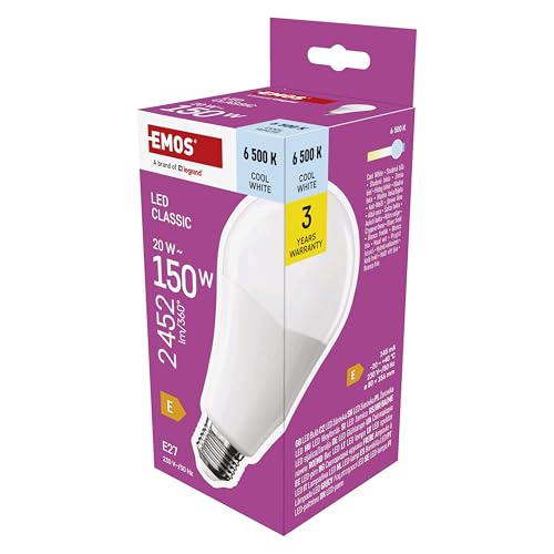 EMOS LED Lampe A80-Birne, 20W Ersatz für 150W Glühbirne, klassiche Birne in größerer Form, E27 Sockel, Helligkeit 2452 lm, Kaltweiß 6500 K, 30000 h Lebensdauer, CRI min. 80, 180° Abstrahlwinkel von EMOS