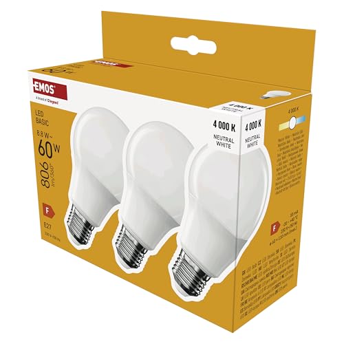 EMOS - LED-Lampe BASIC A60, 3er Pack - E27 Sockel - Neutralweiß - 806 lm - 8,8W (Ersatz für 60W Glühbirne) - Lebensdauer 20 000 Stunden - Abstrahlwinkel 200° - CRI min. 80 von EMOS