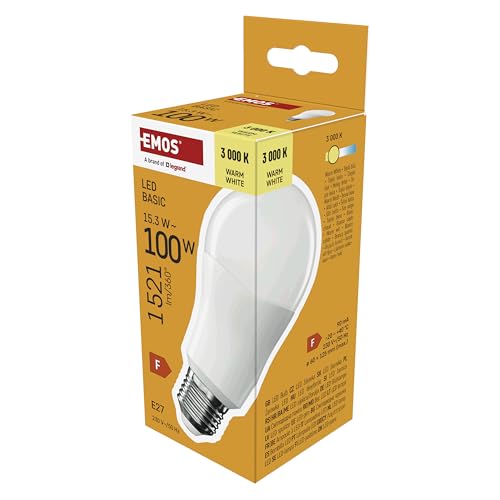 EMOS - LED-Lampe BASIC A60 - E27 Sockel - Warmweiß - 1521 lm - 15,3W (Ersatz für 100W Glühbirne) - Lebensdauer 20 000 Stunden - Abstrahlwinkel 200° - CRI min. 80 von EMOS