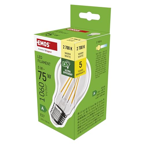 EMOS LED Lampe Edison A60, 5W Ersatz für 75W Glühbirne, A Klasse Vintage-Birne mit E27 Sockel, Helligkeit 1060 lm, Warmweiß 2700 K, extra lange Lebensdauer 50000h, CRI min. 80, 300° Abstrahlwinkel von EMOS