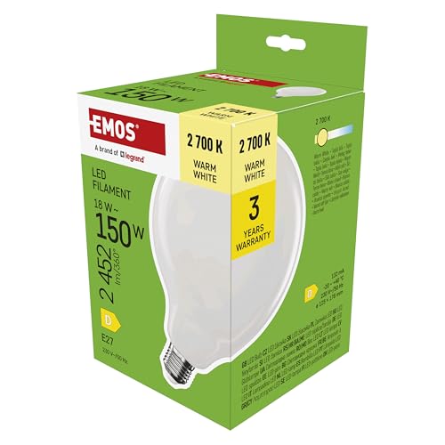 EMOS LED Lampe Edison G125, 18W Ersatz für 150W Glühbirne, milchige Glühlampe Globus mit E27 Sockel und Helligkeit 2452 lm, Warmweiß 2700 K, 25000 Stunden Lebensdauer, CRI > 80, 360° Abstrahlwinkel EMOS LED Lampe Edison G125, 18W Ersatz für 150W Glühbirne, milchige Glühlampe Globus mit E27 Sockel und Helligkeit 2452 lm, Warmweiß 2700 K, 25000 Stunden Lebensdauer, CRI > 80, 360° Abstrahlwinkel von EMOS