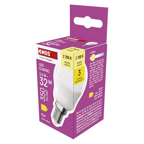 EMOS LED Lampe Mini Globe, 2,5W Ersatz für 32W Glühbirne, kleine Birne mit E14 Sockel, Helligkeit 350 lm, Warmweiß 2700 K, 30000 h Lebensdauer, CRI min. 80, 150° Abstrahlwinkel von EMOS