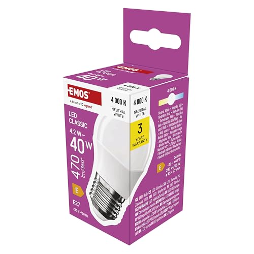 EMOS LED Lampe Mini Globe, 4,2W Ersatz für 40W Glühbirne, kleine Birne mit E27 Sockel, Helligkeit 470 lm, Neutralweiß 4000 K, 30000 h Lebensdauer, CRI min. 80, 150° Abstrahlwinkel von EMOS