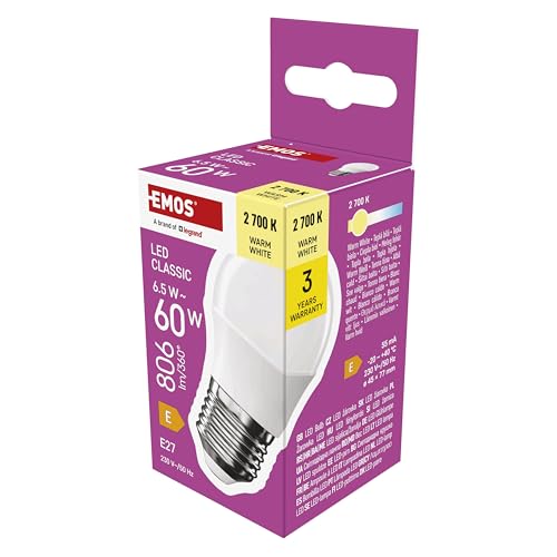 EMOS LED Lampe Mini Globe, 6,5W Ersatz für 60W Glühbirne, kleine Birne mit E27 Sockel, Helligkeit 806 lm, Warmweiß 2700 K, 30000 h Lebensdauer, CRI min. 80, 150° Abstrahlwinkel von EMOS
