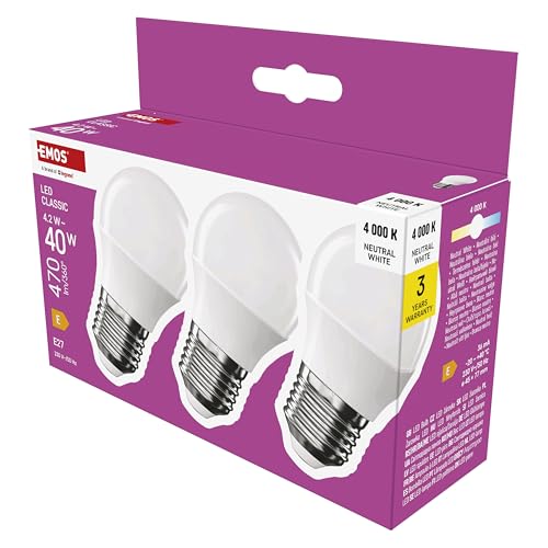 EMOS LED Lampe Mini Globe 3er Pack, 4,2W Ersatz für 40W Glühbirne, kleine Birne mit E27 Sockel, Helligkeit 470 lm, Neutralweiß 4000 K, 30000 h Lebensdauer, CRI min. 80, 150° Abstrahlwinkel EMOS LED Lampe Mini Globe 3er Pack, 4,2W Ersatz für 40W Glühbirne, kleine Birne mit E27 Sockel, Helligkeit 470 lm, Neutralweiß 4000 K, 30000 h Lebensdauer, CRI min. 80, 150° Abstrahlwinkel von EMOS