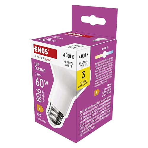 EMOS LED Lampe Reflektor-Form, 7W Ersatz für 60W Glühbirne, R63 Scheinwerfer-Birne mit E27 Sockel, Helligkeit 806 lm, Neutralweiß 4000 K, 30000 h Lebensdauer, CRI min. 80, 120° Abstrahlwinkel von EMOS
