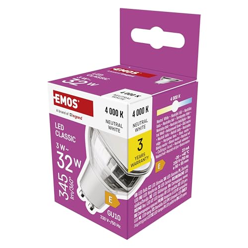 EMOS LED Lampe Spot, MR16 mit GU10 Sockel, 3W Ersatz für 32W Halogenlampe, Helligkeit 345 lm, Neutralweiß 4000 K, 30000 h Lebensdauer, CRI min. 80, 100° Abstrahlwinkel, silberne Farbe von EMOS
