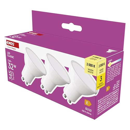 EMOS LED Lampe Spot 3er Pack, MR16 mit GU10 Sockel, 3W Ersatz für 32W Halogenlampe, Helligkeit 345 lm, Warmweiß 3000 K, 30000 h Lebensdauer, CRI min. 80, 100° Abstrahlwinkel, weiße Farbe von EMOS