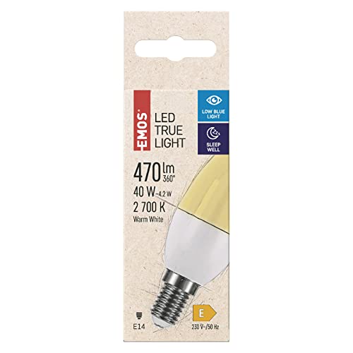 EMOS LED Lampe TRUE LIGHT Candle 4,2W, Ersatz für 40W Glühbirne, E14 Sockel, Helligkeit 470 lm, Warmweiß 2700 K, 30000 Stunden Leuchtdauer, CRI min. 94, 260° Abstrahlwinkel von EMOS