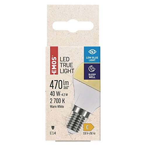 EMOS LED Lampe TRUE LIGHT Mini Globe 4,2W, Ersatz für 40W Glühbirne, E14 Sockel, Helligkeit 470 lm, Warmweiß 2700 K, 30000 Stunden Leuchtdauer, CRI min. 94, 200° Abstrahlwinkel von EMOS