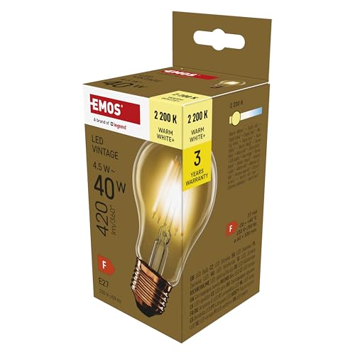 EMOS LED Lampe Vintage Edison Typ A60, 4,5W Ersatz für 40W Glühbirne, Amber Glaskolben mit E27 Sockel, Helligkeit 420 lm, Warmweiß 2200 K, 25000 Stunden Lebensdauer, CRI min. 80, 320° Abstrahlwinkel von EMOS