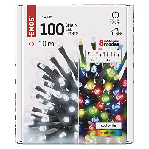 EMOS LED-Lichterkette Kaltweiß + Multicolor für Innen und Außen, 8 Lichtmodi, 10m lange IP44 Weihnachtslichterkette mit 100 LEDs + 5m Zuleitung und Netzteil, für Party, Weihnachten, Deko von EMOS