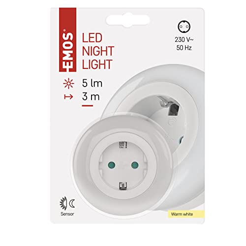 EMOS LED Nachtlicht Steckdose mit Dämmerungssensor + Schutzkontaktsteckose für 3680 W, Orientierungslicht für Kinderzimmer, Treppe, Schlafzimmer, Küche, Flur von EMOS