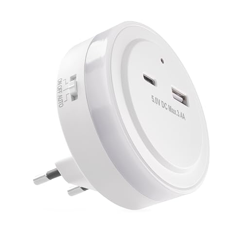 EMOS LED-Nachtlicht für Steckdose mit USB-C und USB-A Output, 5,0 V/3,4 A - Schalter und Dämmerungssensor - Orientierungslicht für Kinderzimmer, Treppe, Schlafzimmer, Küche, Flur - Warmweißes Licht von EMOS