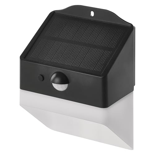 EMOS - LED Solarlampe LUNIS für Außen mit Bewegungsmelder - Solar Wandleuchte mit Haken für Haus/Garten - Sensor-Reichweite 6m/120° - 2 Lichtmodi, Helligkeit max. 220lm, Neutralweiß - weiß-schwarz von EMOS