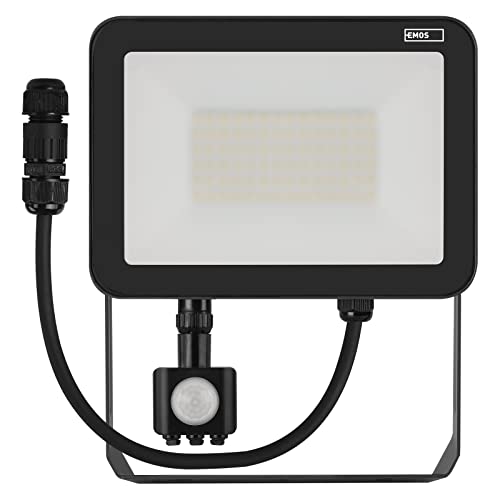 EMOS LED Strahler Profi 50W mit Bewegungsmelder, wasserdichtes Alu Flutlicht für Innen und Außen, Helligkeit 5500lm, Neutralweiß 4000K, CRI>80, Lebensdauer 50000h, Flacker-frei, 5 Jahre Garantie von EMOS