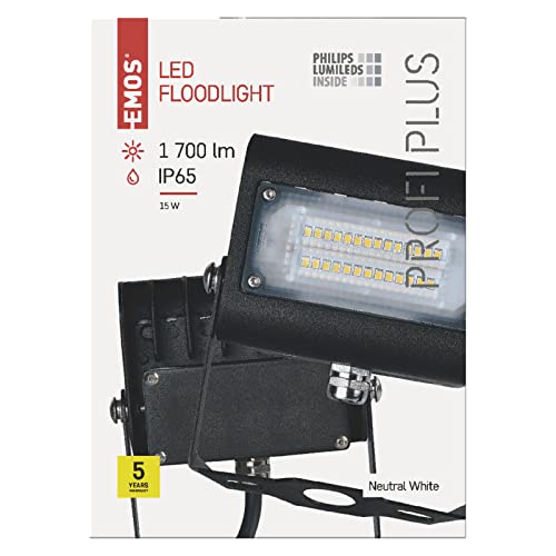 EMOS LED Strahler Profi Plus 15W, IP65 wasserdichtes Flutlicht für Feuchträume, Innen und Außen, Helligkeit 1700lm, Neutralweiß 4000K, CRI>80, Lebensdauer 50000h, 5 Jahre Garantie von EMOS