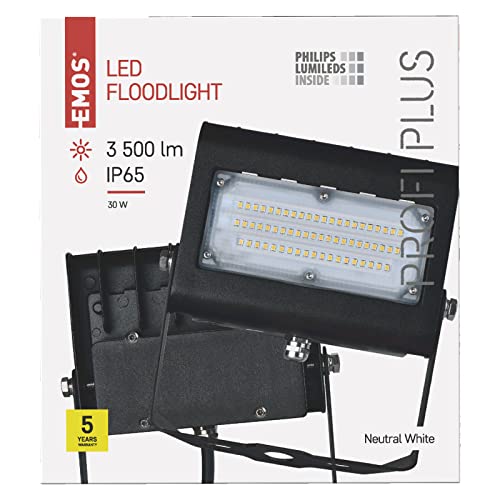 EMOS LED Strahler Profi Plus 30W, IP65 wasserdichtes Flutlicht für Feuchträume, Innen und Außen, Helligkeit 3500lm, Neutralweiß 4000K, CRI>80, Lebensdauer 50000h, 5 Jahre Garantie, Schwarz, ZS2422 von EMOS