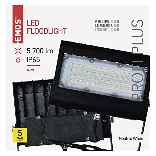 EMOS LED Strahler Profi Plus 50W, IP65 wasserdichtes Flutlicht für Feuchträume, Innen und Außen, Helligkeit 5700lm, Neutralweiß 4000K, CRI>80, Lebensdauer 50000h, 5 Jahre Garantie, Schwarz, ZS2432 von EMOS