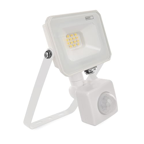 EMOS LED Strahler SIMPO 10 W mit Bewegungsmelder, superhell 1000 lm, IP44 wasserdichtes Flutlicht für Feuchtraum oder Außen, Neutralweiß 4000K, Lebensdauer 15000 St., 15 cm Anschlusskabel, weiß von EMOS
