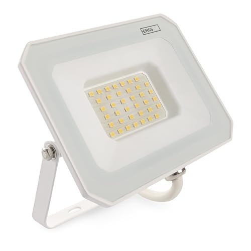 EMOS LED Strahler SIMPO 30 W, IP65 wasserdichtes Flutlicht für Feuchtraum oder Außen, superhell 3000 lm, Neutralweiß 4000 K, Lebensdauer 15 000 Stunden, inkl. 15 cm Anschlusskabel, weiß von EMOS
