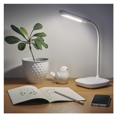 EMOS LED Tischlampe LILY 13,5 W, max. Helligkeit 760 lm, Schreibtischleuchte dimmbar, Farbwechsel (3000/4000/6500K), 1,5m Ladekabel + Euro Netzteil, weiß von EMOS