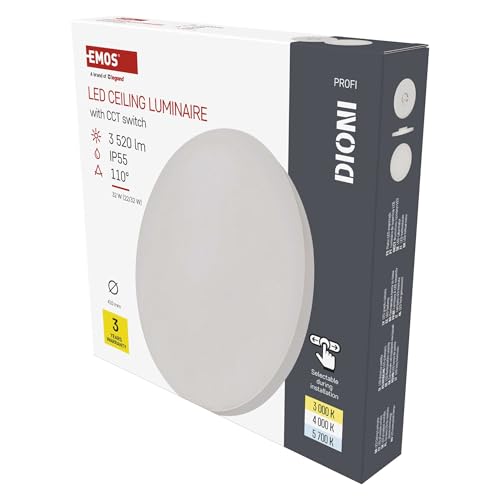 EMOS LED-Wand-/Deckenleuchte DIONI - CCT einstellbar 3 000/4 000/5 700 K - 3520 lm - 32 W (statt 200W Glühbirne) - 30 000 Std. - Abstrahlwinkel 110° - für Innen und Außen - rund, Ø 41 cm - weiß von EMOS
