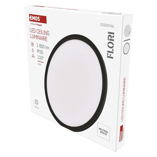 EMOS - LED-Wand-/Deckenleuchte FLORI, rund - neutralweiß 4000 K - 1800 lm - 18 W (statt 115W Glühbirne) - 15 000 Std. - Abstrahlwinkel 110° - für Innenbereich - Ø 29,3 cm - schwarz von EMOS
