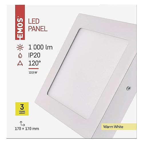 EMOS LED Wand- und Deckenleuchte weiß, Aufbaulicht in Quadratform / 12W Ersatz für 70W / Helligkeit 1000 lm/Warmweiß 3000 K / 30000 St Lebensdauer/CRI min. 80 / Abstrahlwinkel 120° / IP20 von EMOS