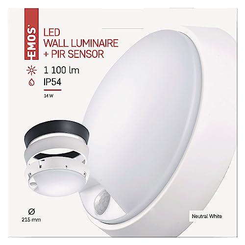 EMOS LED-Wandleuchte und Deckenleuchte mit Bewegungsmelder, rund, IP54 wasserdichte 14 W Außenleuchte für Balkon, Keller, Garage, Outdoor, 1000 lm, neutralweiß 4000K, Ø21,5cm, ZM3231, 21,5 cm von EMOS